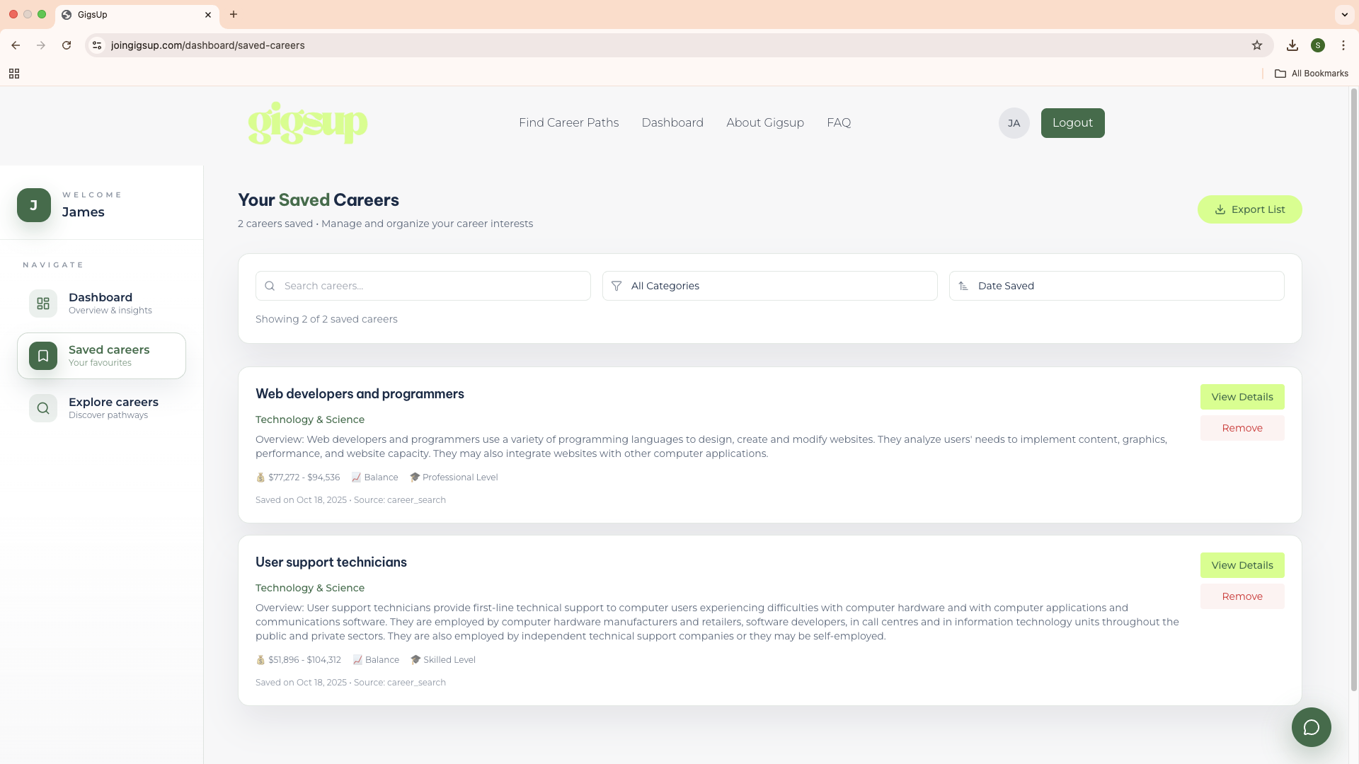 Your Saved Careers - Manage and organize your career interests